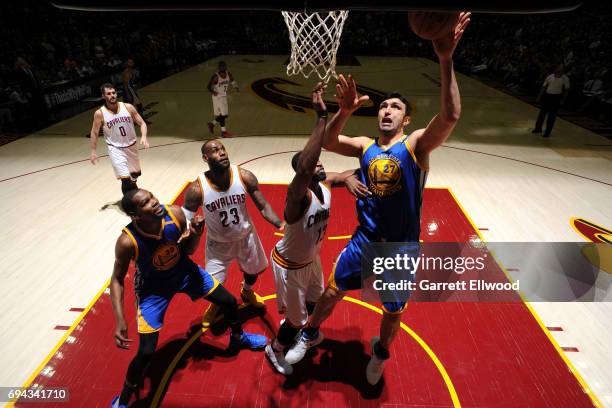 Zaza Pachulia of the Golden State Warriors drives to the basket against the Cleveland Cavaliers in Game Four of the 2017 NBA Finals on June 9, 2017...