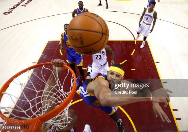 JaVale McGee of the Golden State Warriors defends Richard Jefferson of the Cleveland Cavaliers in the first quarter in Game 4 of the 2017 NBA Finals...