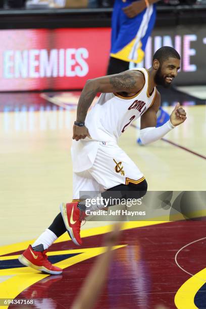 Kyrie Irving of the Cleveland Cavaliers reacts during the game against the Golden State Warriors in Game Four of the 2017 NBA Finals on June 9, 2017...