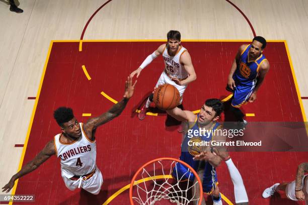 Zaza Pachulia of the Golden State Warriors grabs the rebound against the Cleveland Cavaliers in Game Four of the 2017 NBA Finals on June 9, 2017 at...