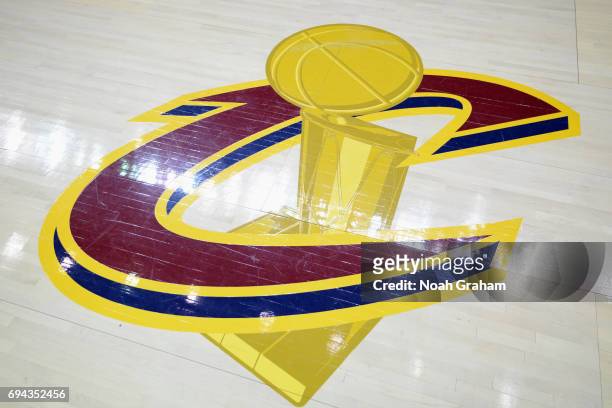 The Cleveland Cavaliers logo is seen before the game against the Golden State Warriors in Game Three of the 2017 NBA Finals on June 7, 2017 at...