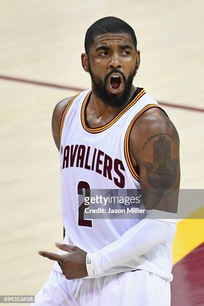 Kyrie Irving of the Cleveland Cavaliers reacts after a play in the fourth quarter against the Golden State Warriors in Game 4 of the 2017 NBA Finals...