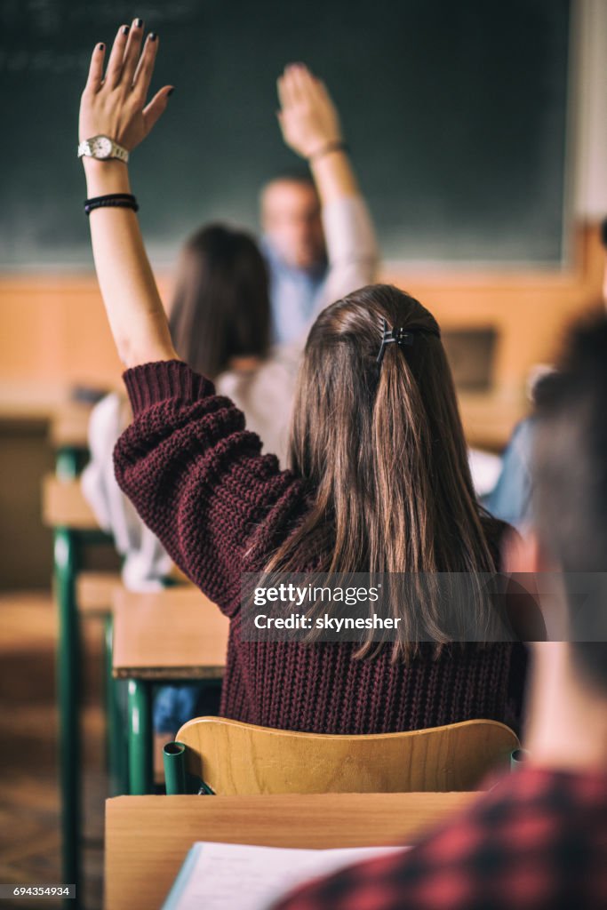 Rear view of high school students with raised arm.