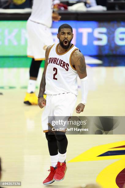 Kyrie Irving of the Cleveland Cavaliers reacts during the game against the Golden State Warriors in Game Four of the 2017 NBA Finals on June 9, 2017...