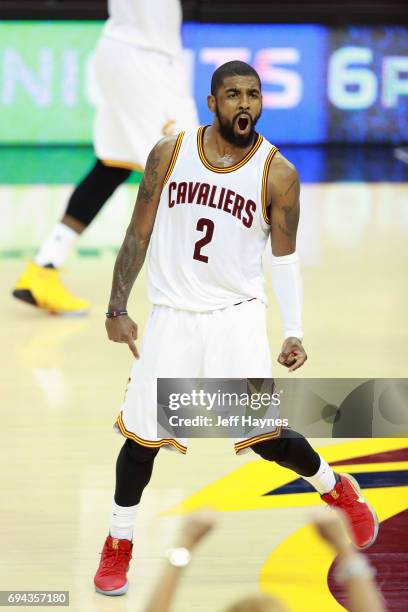 Kyrie Irving of the Cleveland Cavaliers reacts during the game against the Golden State Warriors in Game Four of the 2017 NBA Finals on June 9, 2017...
