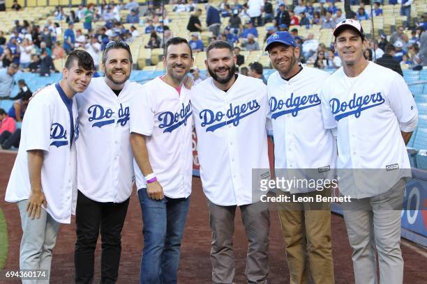 Noah Galvin, Jeff Zarilla, Paul Katami, Guillermo Daz, Kirk Walker and Billy Bean attends Dodgers Host 5th Annual LGBT Night at Dodger Stadium on...