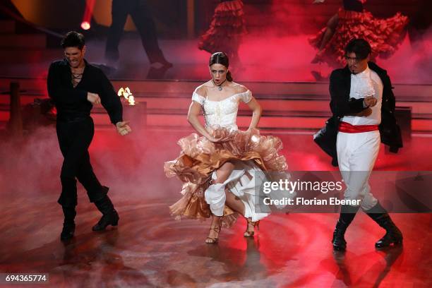 Vanessa Mai and Christian Polanc perform on stage during the final show of the tenth season of the television competition 'Let's Dance' on June 9,...