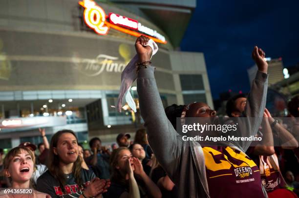 Cleveland Cavaliers fans gather at The Quicken Loans Arena to watch Game 4 of the NBA Finals between the Cleveland Cavaliers and the Golden State...