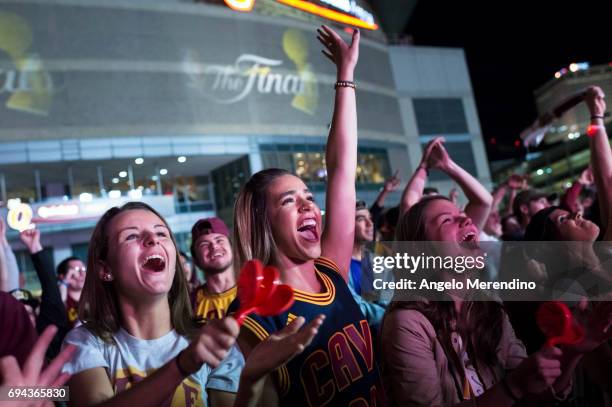 Cleveland Cavaliers fans gather at The Quicken Loans Arena to watch Game 4 of the NBA Finals between the Cleveland Cavaliers and the Golden State...