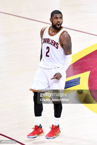 Kyrie Irving of the Cleveland Cavaliers reacts after a play in the fourth quarter against the Golden State Warriors in Game 4 of the 2017 NBA Finals...