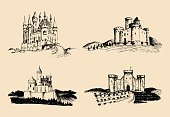 Vector old castles illustrations set. Hand drawn architectural landscapes of ancient towers with rural fields and hills.
