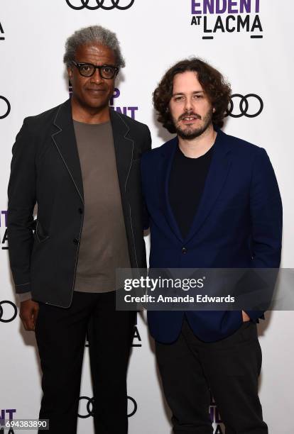 Film Independent at LACMA film curator Elvis Mitchell and director Edgar Wright attend the Film Independent at LACMA Screening Of "Baby Driver" at...