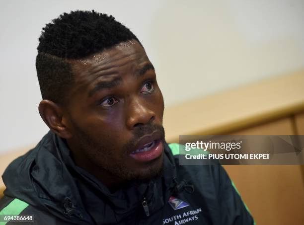 South African national football team captain Thulani Tyson Hlatshwayo addresses a press conference on the eve of the 2019 Africa Cup of Nations Group...