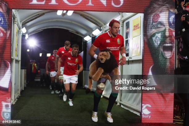 Captain for the day Alun-Wyn Jones of the Lions leads out his team prior to kickoff during the 2017 British & Irish Lions tour match between the...