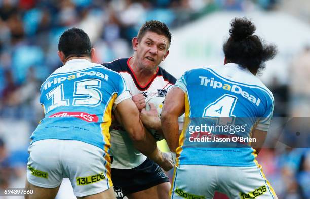 Jacob Lillyman of the warriors in action during the round 14 NRL match between the Gold Coast Titans and the New Zealand Warriors at Cbus Super...