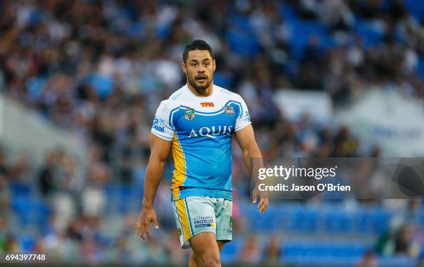 Jarryd Hayne of the Titans looks on during the round 14 NRL match between the Gold Coast Titans and the New Zealand Warriors at Cbus Super Stadium on...