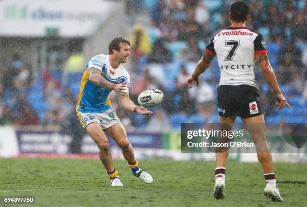 Kane Elgey of the titans in action during the round 14 NRL match between the Gold Coast Titans and the New Zealand Warriors at Cbus Super Stadium on...