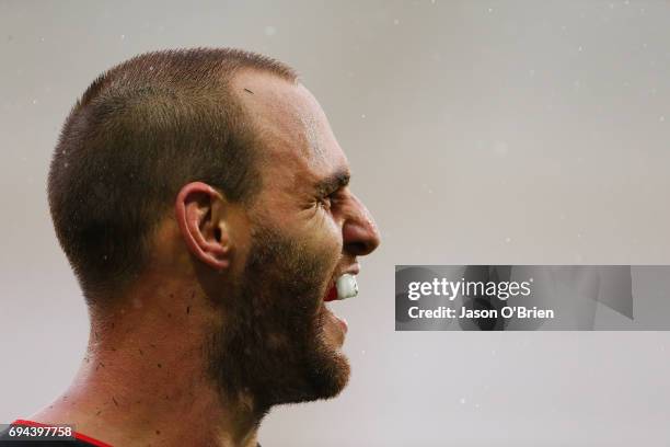 Simon Mannering of the warriors reacts during the round 14 NRL match between the Gold Coast Titans and the New Zealand Warriors at Cbus Super Stadium...