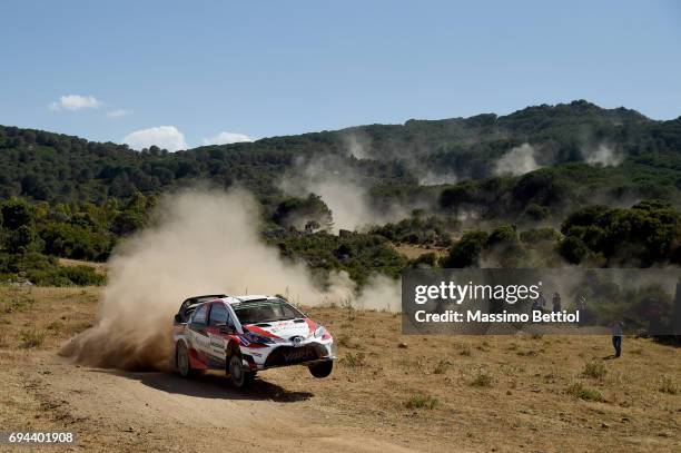 Juho Hanninen of Finland and Kaj Lindstrom of Finland compete in their Toyota Gazoo Racing WRT Toyota Yaris WRC during Day One of the WRC Italy on...