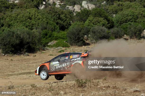 Mads Ostberg of Norway and Ola Floene of Norway compete in their M-Sport WRT Ford Fiesta WRC during Day One of the WRC Italy on June 9, 2017 in...