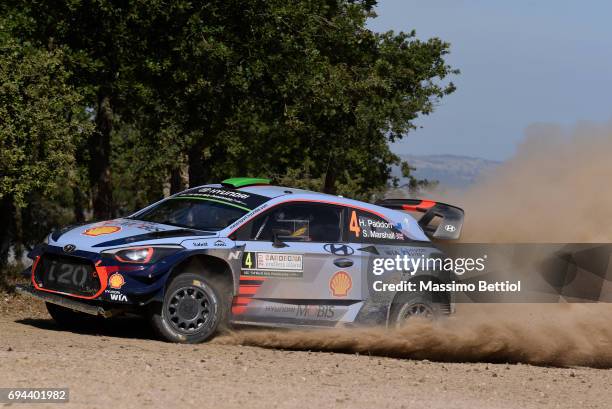 Hayden Paddon of New Zealand and Sebastian Marshall of Great Britain compete in their Hyundai Motorport WRT Hyundai i20 Coupe WRC during Day One of...