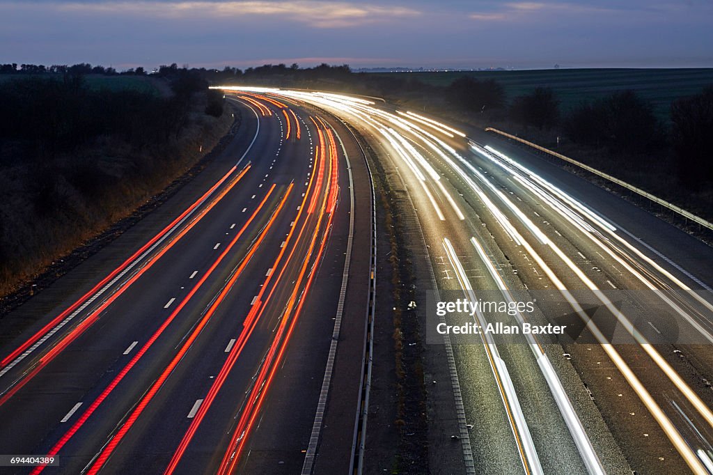 Blurred light trails along M4 motorway