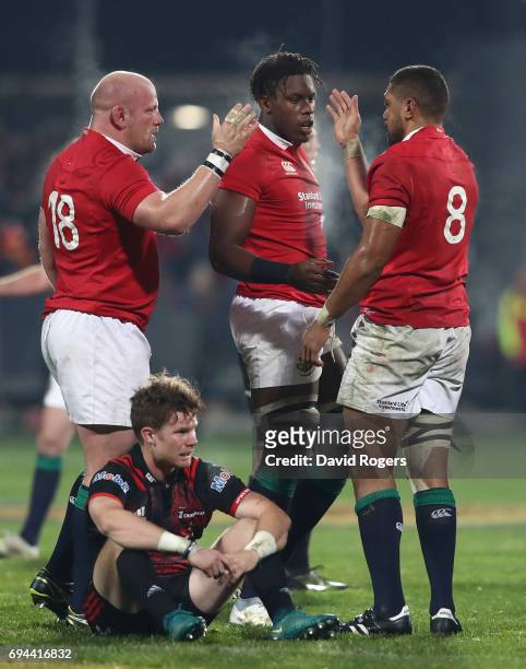 Dan Cole, Maro Itoje and Toby Faletau of the Lions celebrate following their team's 12-3 victory during the 2017 British & Irish Lions tour match...