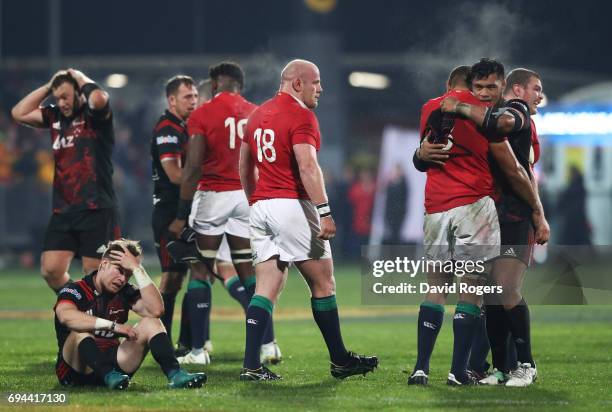 Opposing No.8's Toby Faletau of the Lions and Jordan Taufua of the Crusaders hug following the Lions 12-3 victory during the 2017 British & Irish...