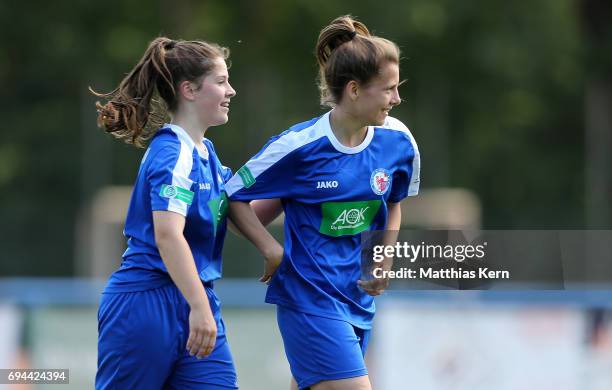 Lea Nitschke of Potsdam jubilates with team mate Lea Sophie Bahnemann after scoring the second goal during the B Junior Girl's German Championship...