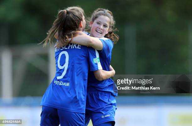 Lea Nitschke of Potsdam jubilates with team mate Lea Sophie Bahnemann after scoring the second goal during the B Junior Girl's German Championship...