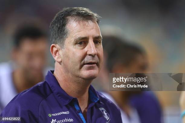 Dockers coach Ross Lyon looks on during the round 12 AFL match between the Brisbane Lions and the Fremantle Dockers at The Gabba on June 10, 2017 in...