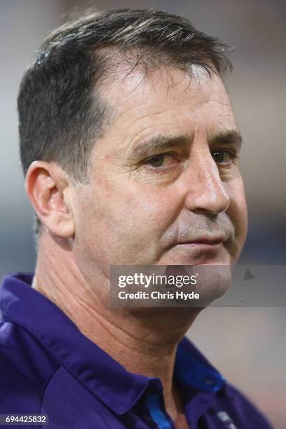 Dockers coach Ross Lyon looks on during the round 12 AFL match between the Brisbane Lions and the Fremantle Dockers at The Gabba on June 10, 2017 in...