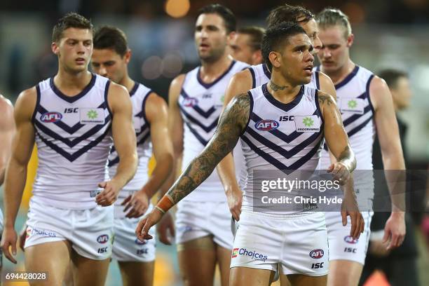 Dockers leaves the field after losing the round 12 AFL match between the Brisbane Lions and the Fremantle Dockers at The Gabba on June 10, 2017 in...