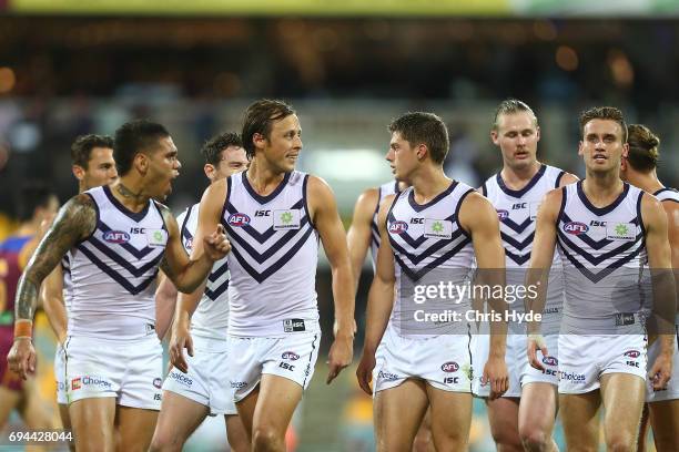 Dockers leaves the field after losing the round 12 AFL match between the Brisbane Lions and the Fremantle Dockers at The Gabba on June 10, 2017 in...