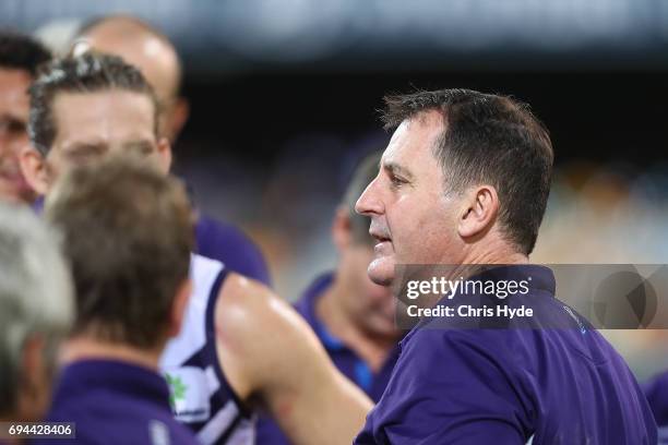 Dockers coach Ross Lyon talks to players during the round 12 AFL match between the Brisbane Lions and the Fremantle Dockers at The Gabba on June 10,...