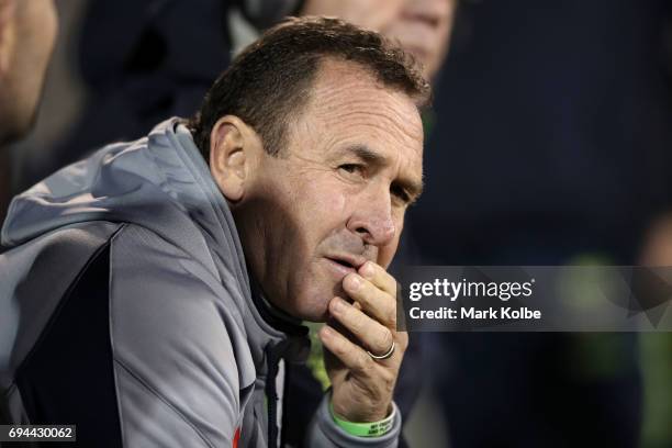 Raiders coach Ricky Stuart watches on from the bench during the round 14 NRL match between the Penrith Panthers and the Canberra Raiders at...