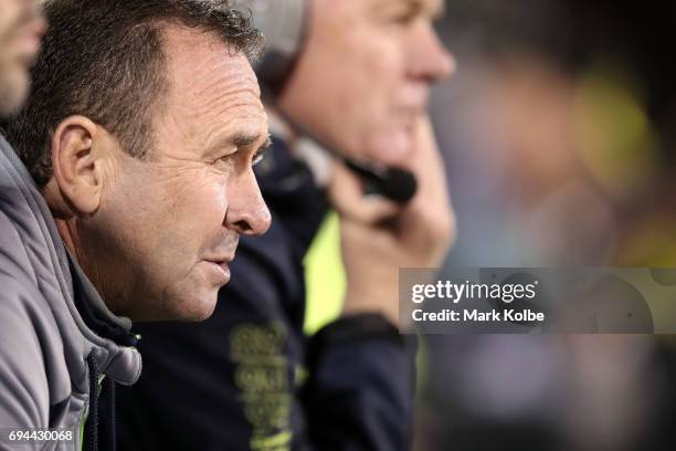 Raiders coach Ricky Stuart watches on from the bench during the round 14 NRL match between the Penrith Panthers and the Canberra Raiders at...