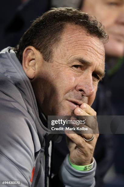 Raiders coach Ricky Stuart watches on from the bench during the round 14 NRL match between the Penrith Panthers and the Canberra Raiders at...