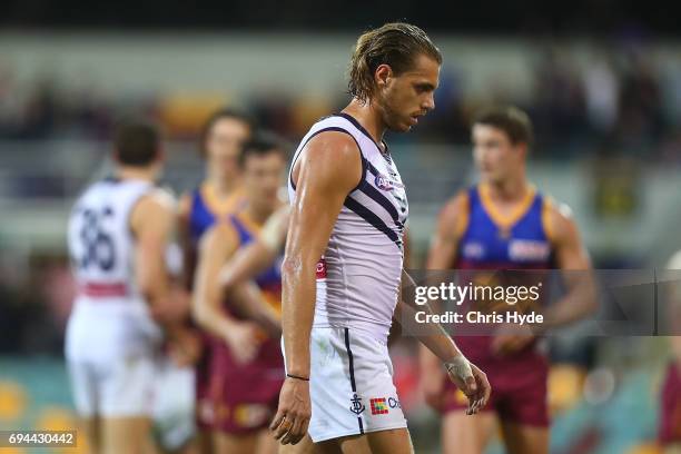 Tommy Sheridan of the Dockers looks on during the round 12 AFL match between the Brisbane Lions and the Fremantle Dockers at The Gabba on June 10,...