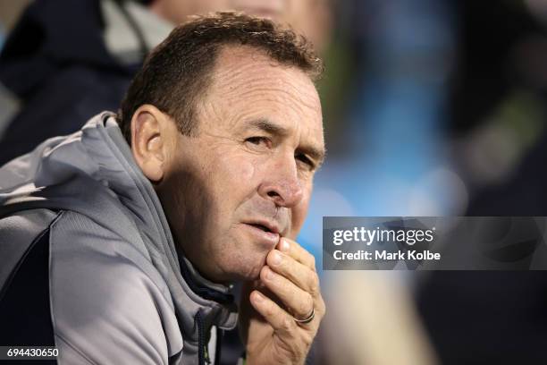 Raiders coach Ricky Stuart watches on from the bench during the round 14 NRL match between the Penrith Panthers and the Canberra Raiders at...