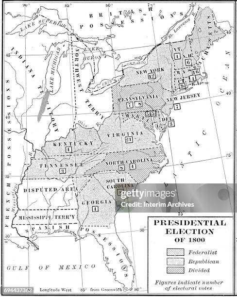 Map showing Federalist, Republican, and Divided states during the United States presidential election of 1800. The map was originally published in...