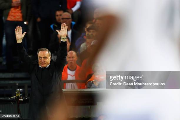 Netherlands Head Coach / Manager, Dick Advocaat signals to his team during the FIFA 2018 World Cup Qualifier between the Netherlands and Luxembourg...