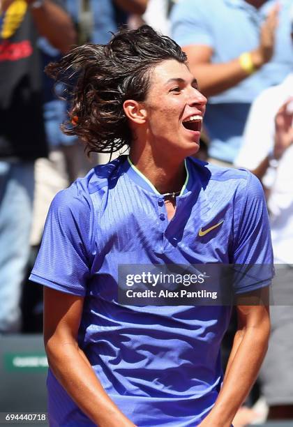 Alexei Popyrin of Australia celebrates victory following the boys singles final match against Nicola Kuhn of Spain on day fourteen of the 2017 French...