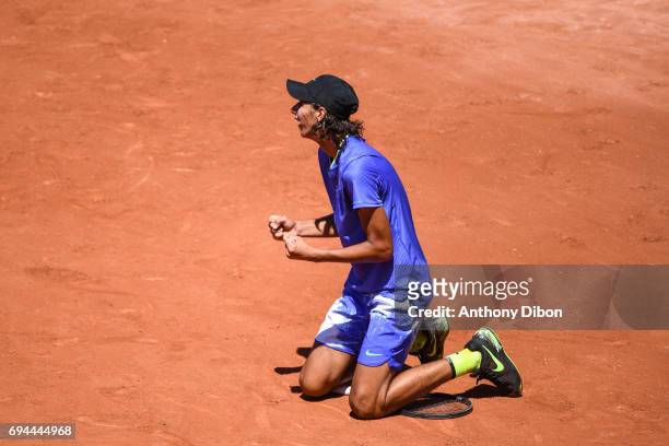 Alexei Popyrin of Australie celebrates his victory during the day 14 of the French Open at Roland Garros on June 10, 2017 in Paris, France.