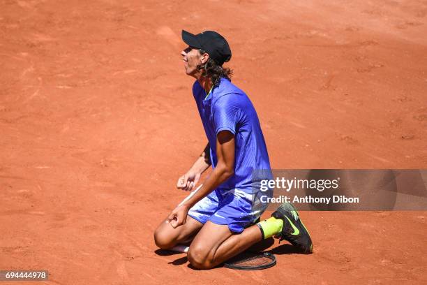 Alexei Popyrin of Australie celebrates his victory during the day 14 of the French Open at Roland Garros on June 10, 2017 in Paris, France.