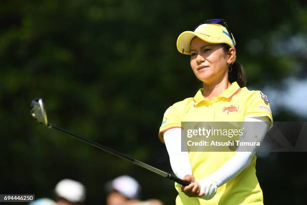 Ai Miyazato of Japan hits her tee shot on the 3rd hole during the third round of the Suntory Ladies Open at the Rokko Kokusai Golf Club on June 10,...