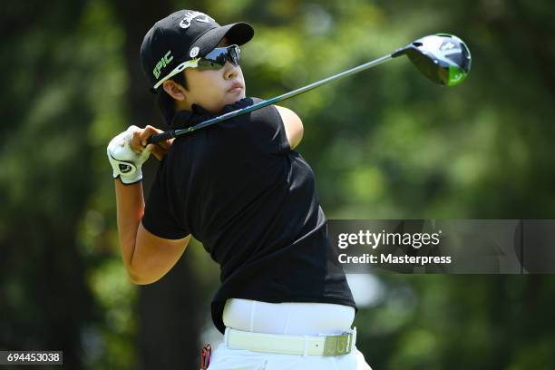 Hee-Kyung Bae of South Korea hits her tee shot on the 2nd hole during the third round of the Suntory Ladies Open at the Rokko Kokusai Golf Club on...