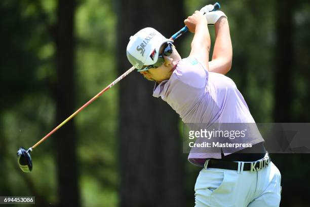Eri Okayama of Japan hits her tee shot on the 2nd hole during the third round of the Suntory Ladies Open at the Rokko Kokusai Golf Club on June 10,...