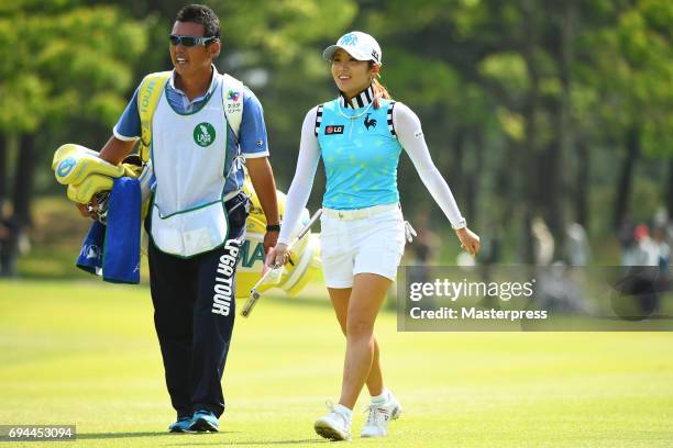 Boo-Mee Lee of South Korea smiles during the third round of the Suntory Ladies Open at the Rokko Kokusai Golf Club on June 10, 2017 in Kobe, Japan.