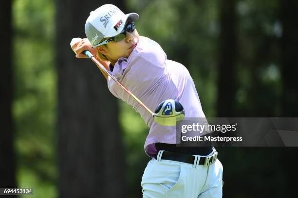 Eri Okayama of Japan hits her tee shot on the 2nd hole during the third round of the Suntory Ladies Open at the Rokko Kokusai Golf Club on June 10,...